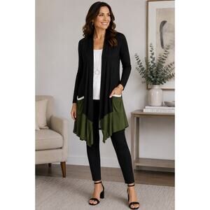 LOGO by Lori Goldstein Colorblock Open Front Cardigan L Black Green White Boho